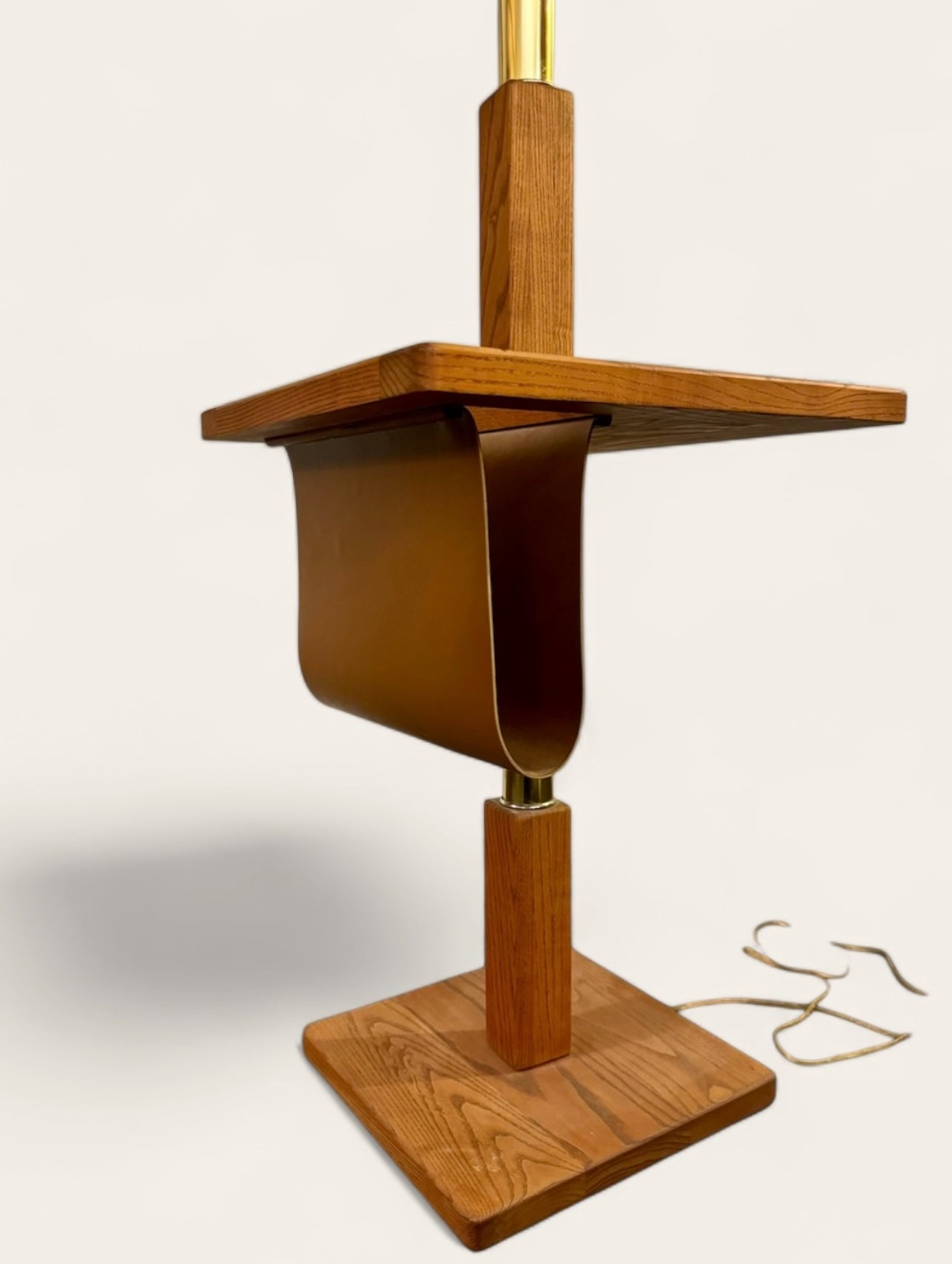 Vintage MCM Brass and Oak Floor Lamp with Built-in Leather Magazine Holder