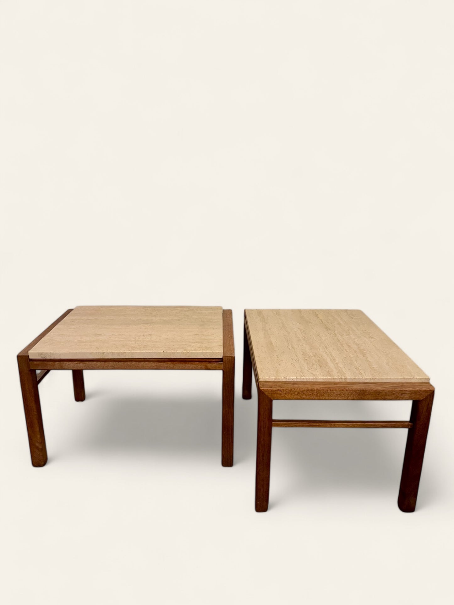 Pair of Vintage MCM Travertine and Wood Side Tables