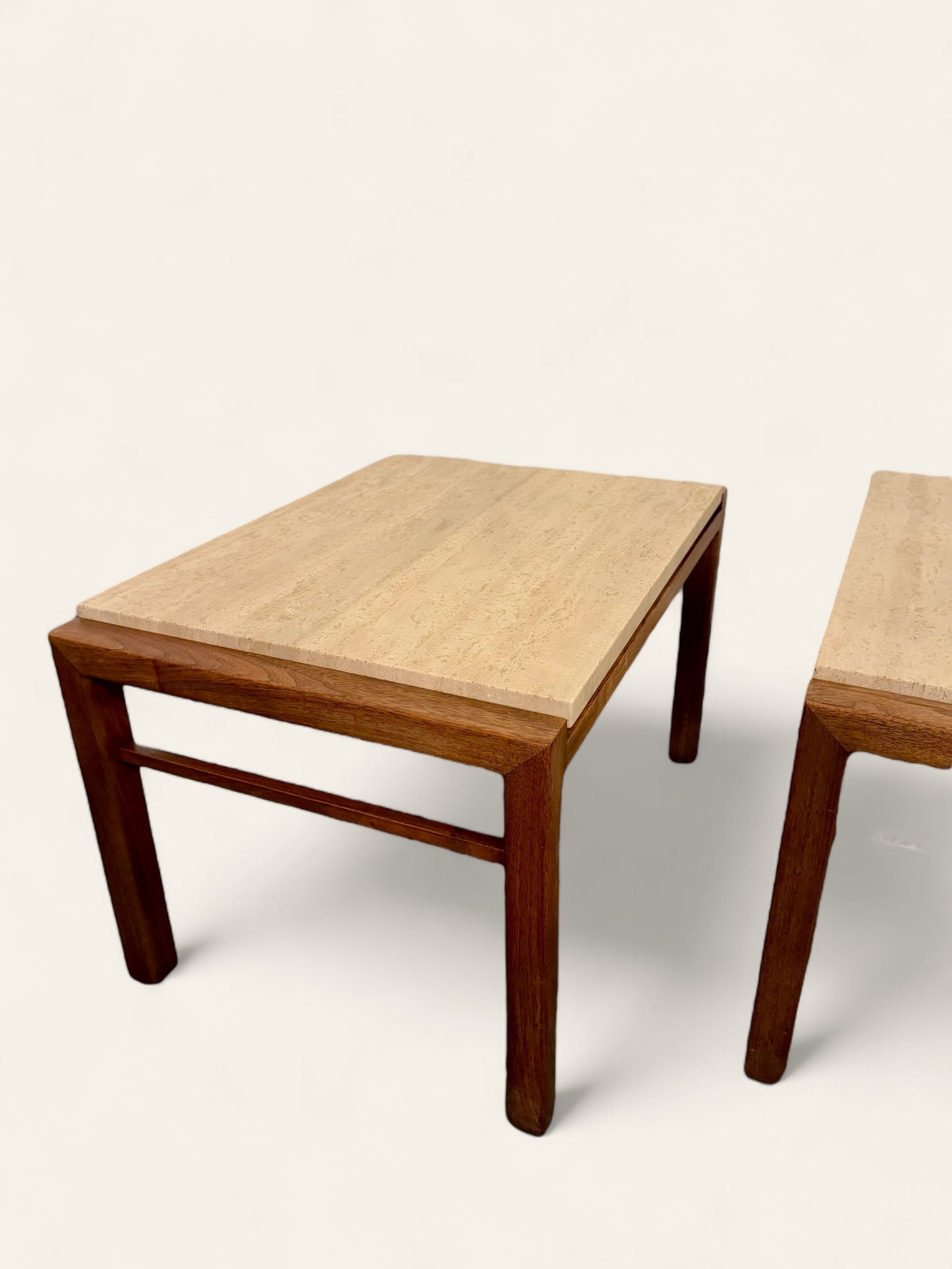Pair of Vintage MCM Travertine and Wood Side Tables