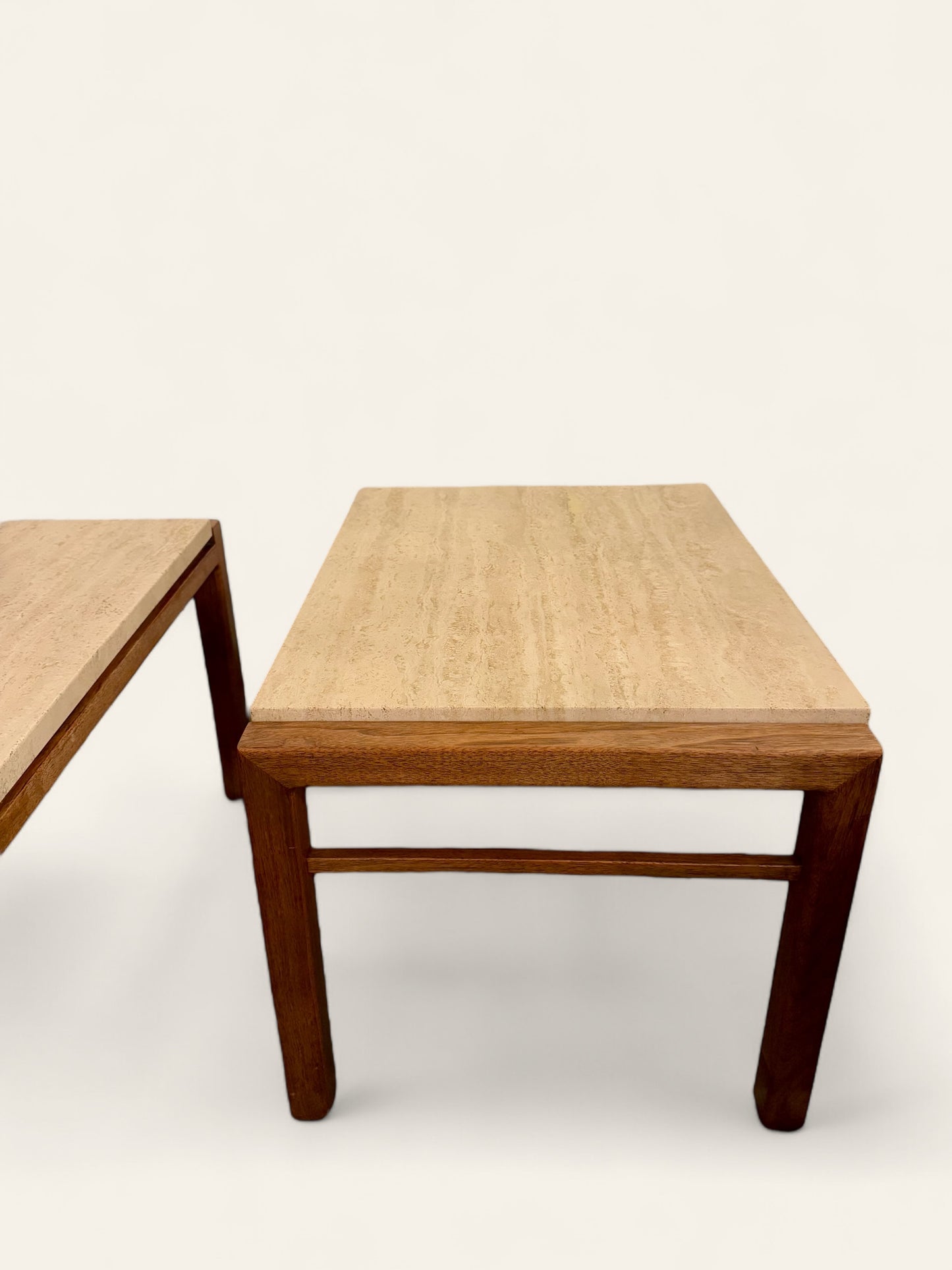 Pair of Vintage MCM Travertine and Wood Side Tables