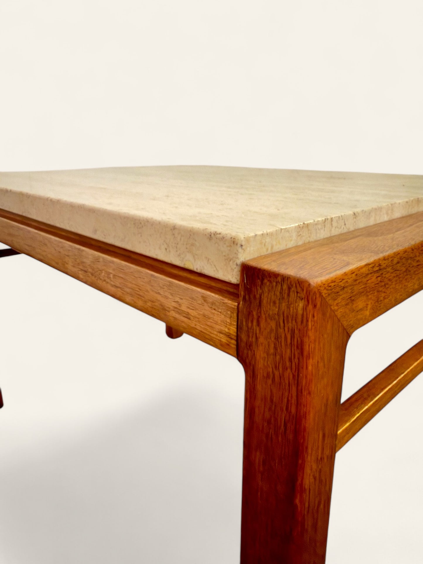 Pair of Vintage MCM Travertine and Wood Side Tables