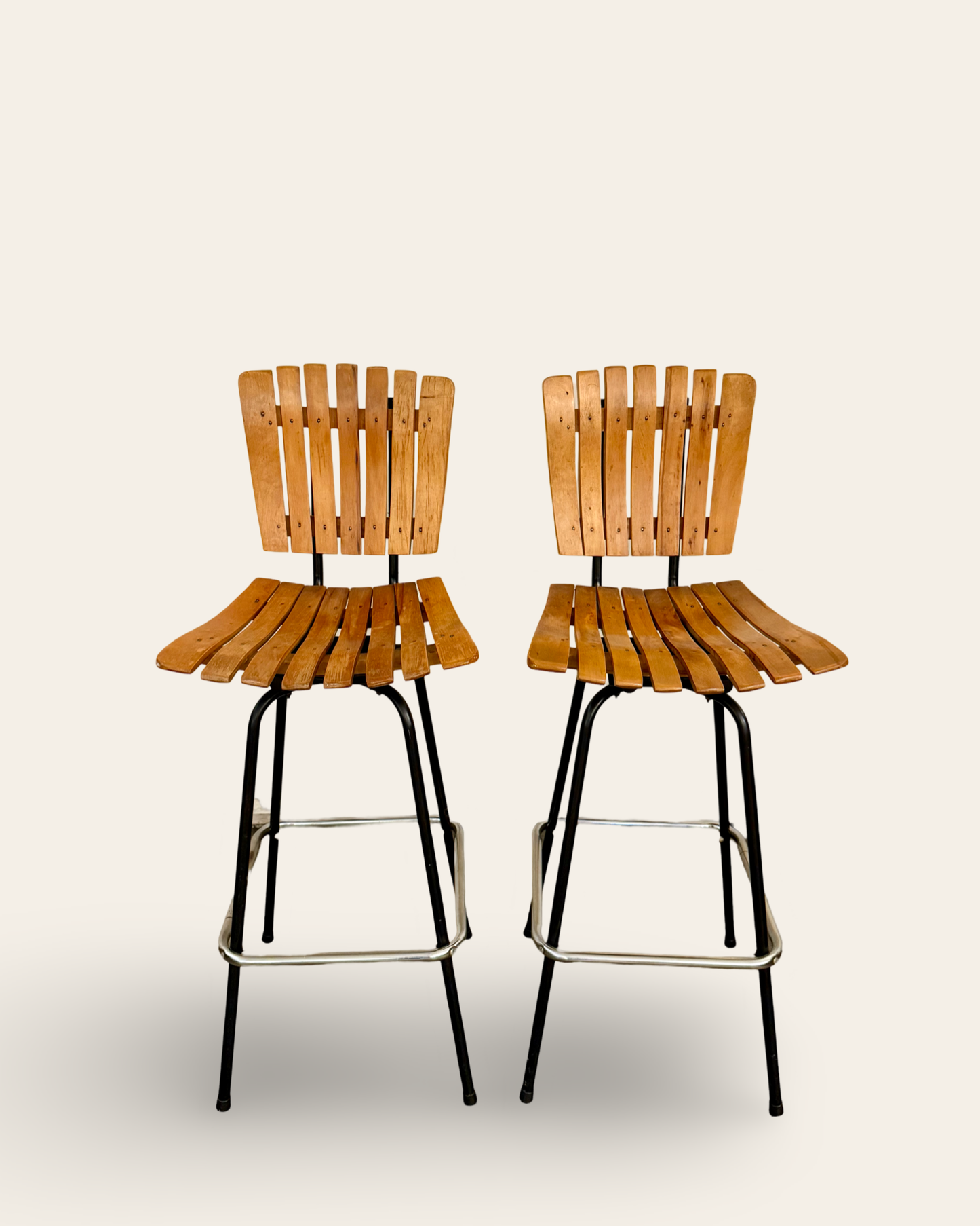 Pair of Vintage Mid Century Modern Arthur Umanoff Style Slatted Wood and Metal Barstools