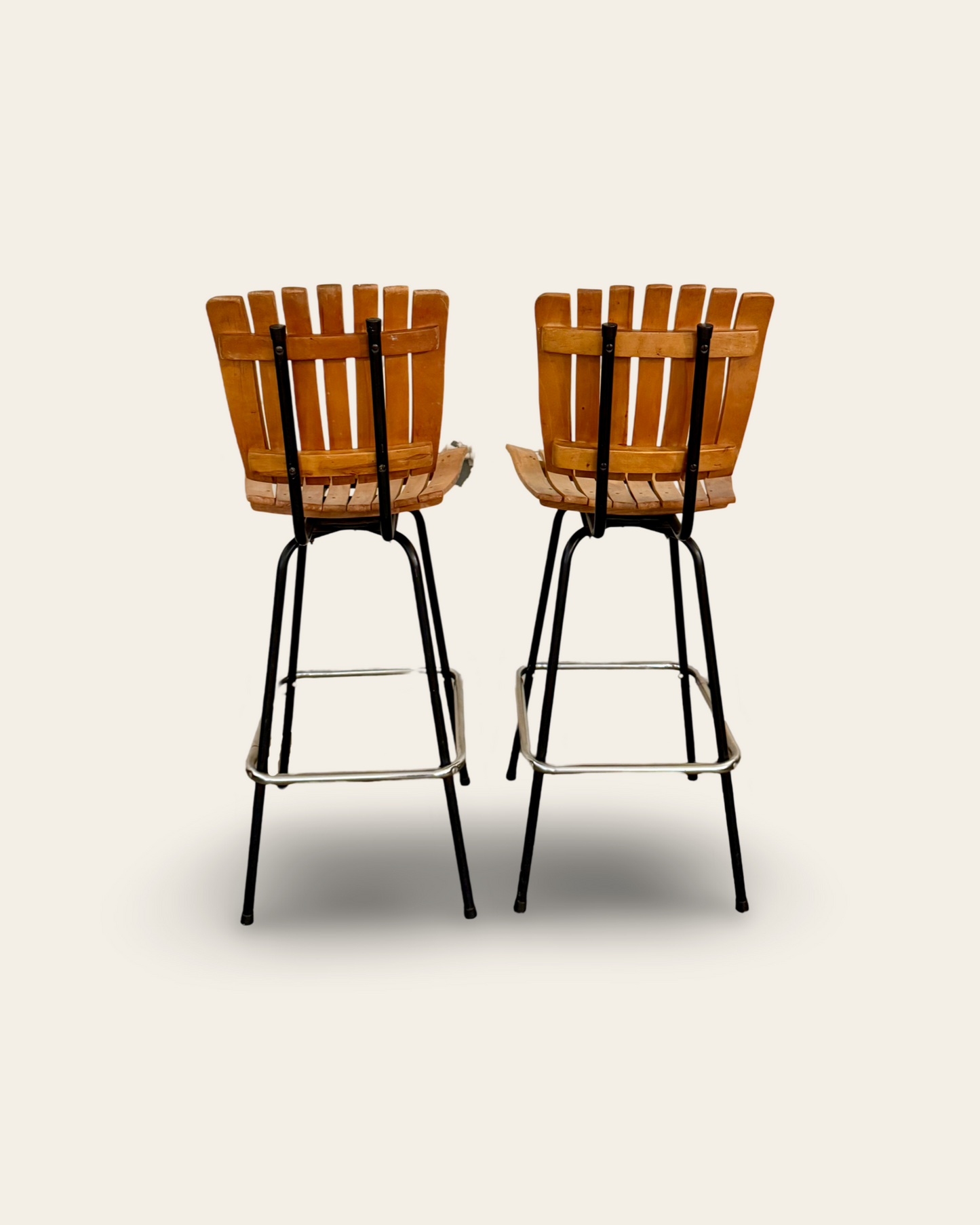 Pair of Vintage Mid Century Modern Arthur Umanoff Style Slatted Wood and Metal Barstools