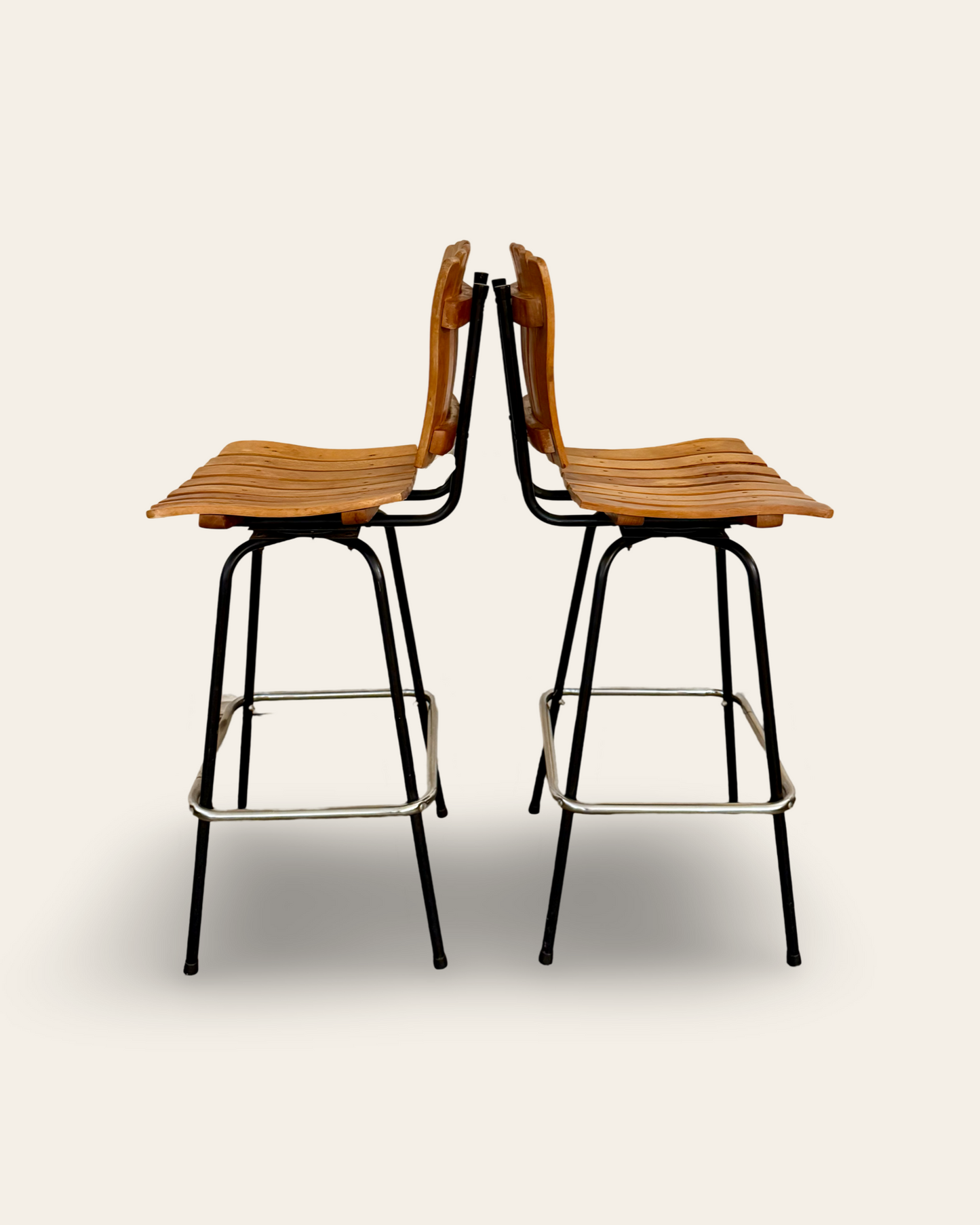 Pair of Vintage Mid Century Modern Arthur Umanoff Style Slatted Wood and Metal Barstools