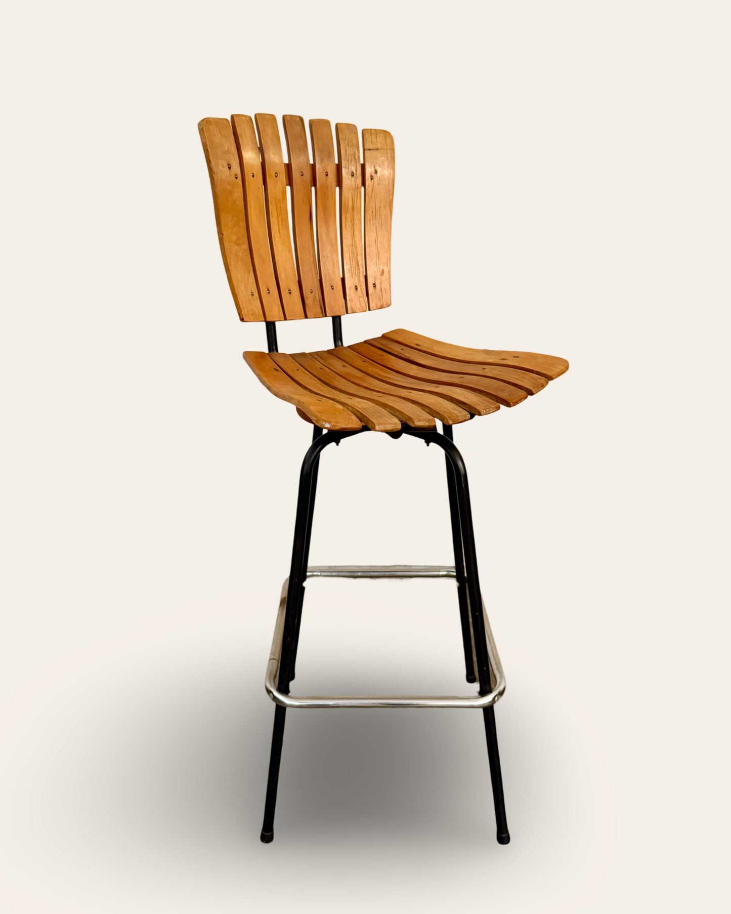 Pair of Vintage Mid Century Modern Arthur Umanoff Style Slatted Wood and Metal Barstools