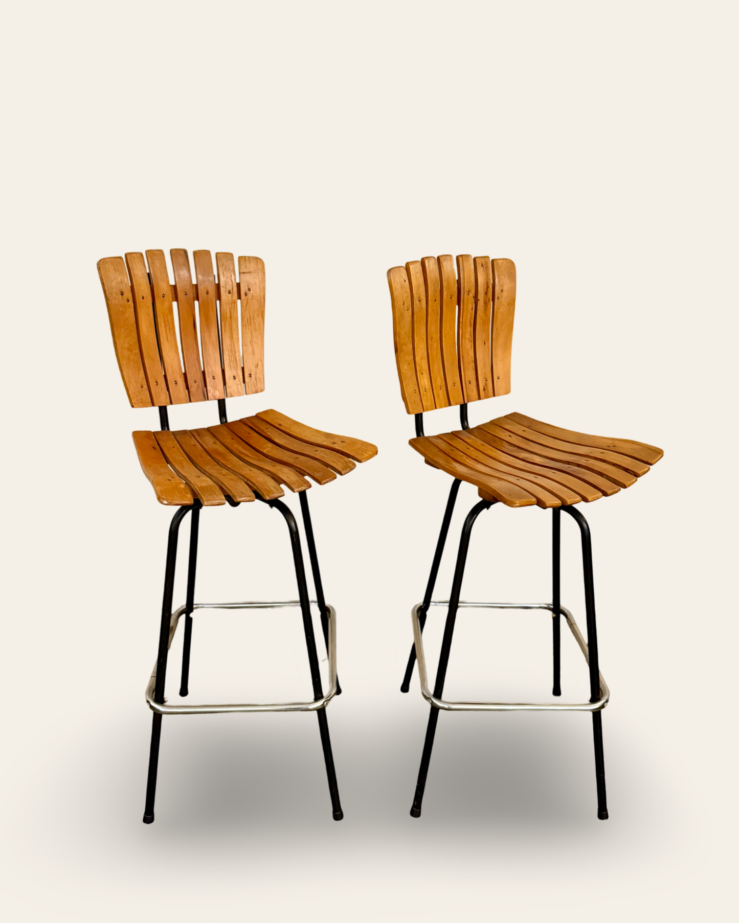 Pair of Vintage Mid Century Modern Arthur Umanoff Style Slatted Wood and Metal Barstools