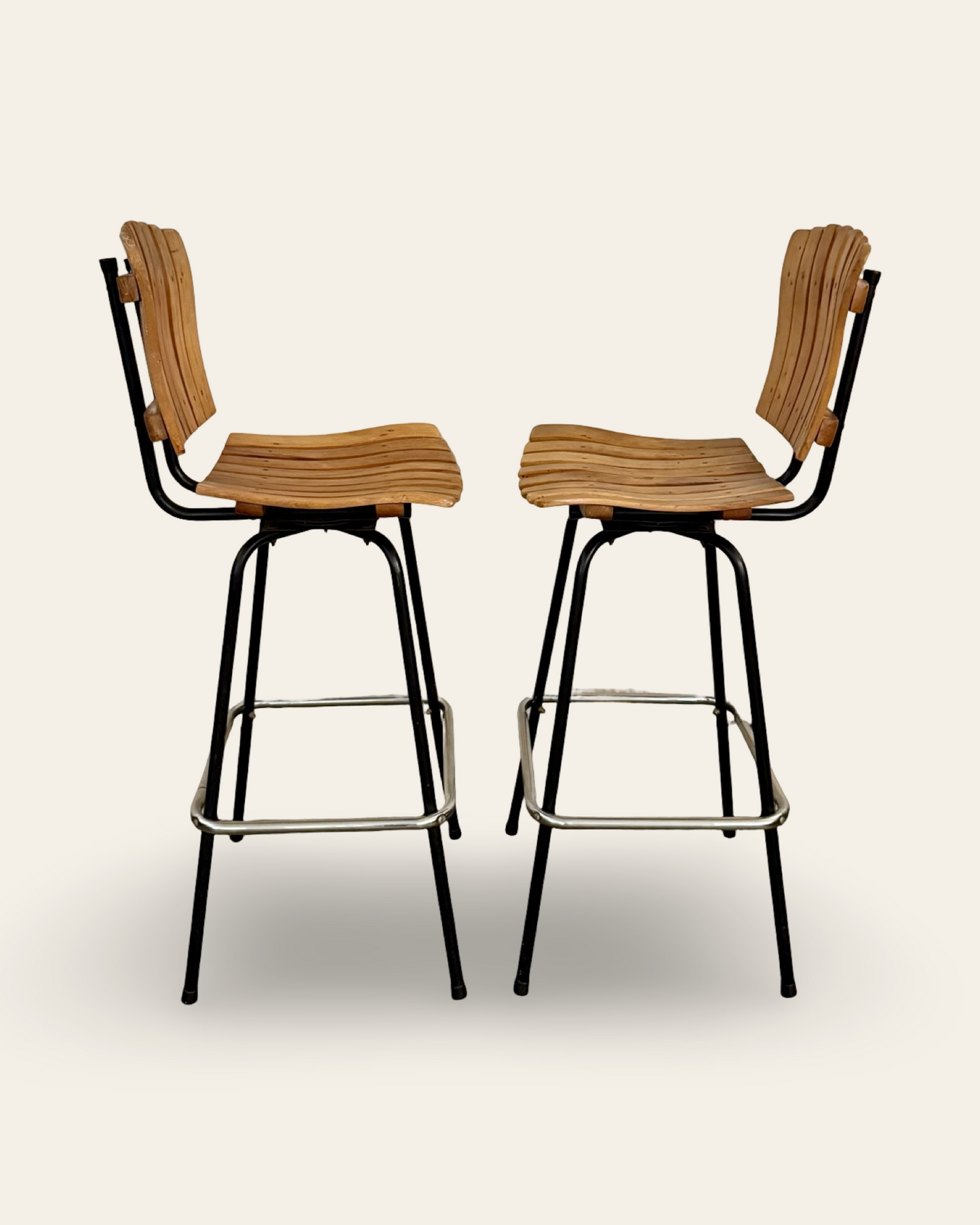 Pair of Vintage Mid Century Modern Arthur Umanoff Style Slatted Wood and Metal Barstools
