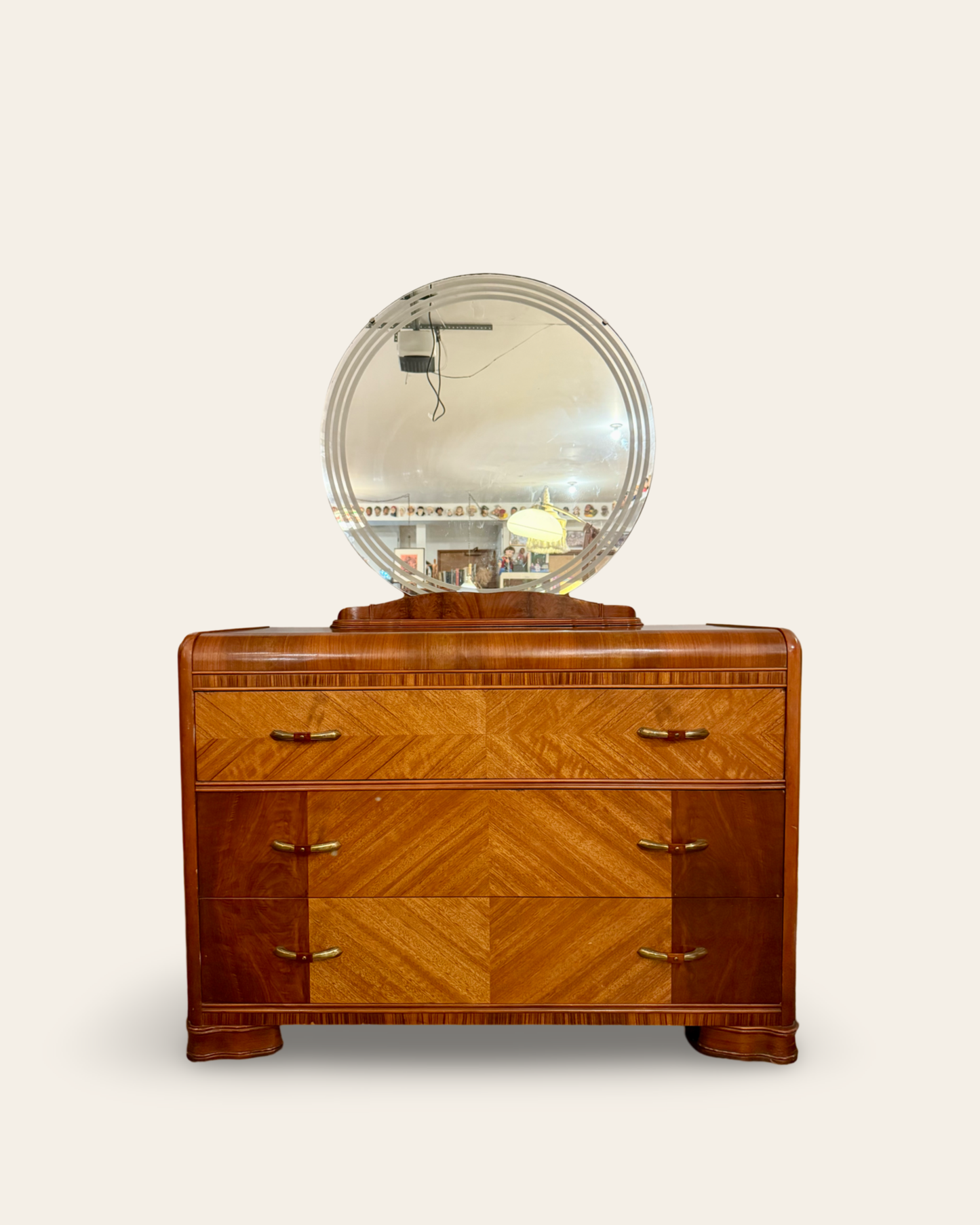 Art Deco Vintage Waterfall Dresser with Mirror and Original Bakelite Pulls Made by Tri Bond Furniture Co.