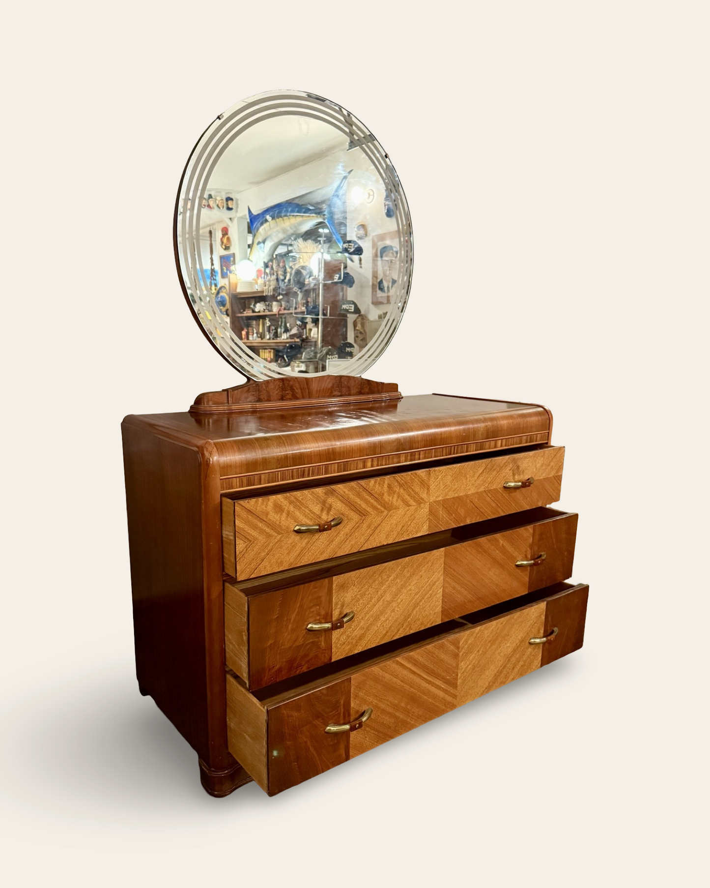 Art Deco Vintage Waterfall Dresser with Mirror and Original Bakelite Pulls Made by Tri Bond Furniture Co.