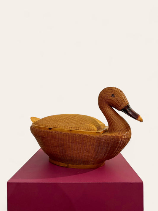 Vintage Bamboo and Wicker Duck with Lid Believe to be from People's Republic of China