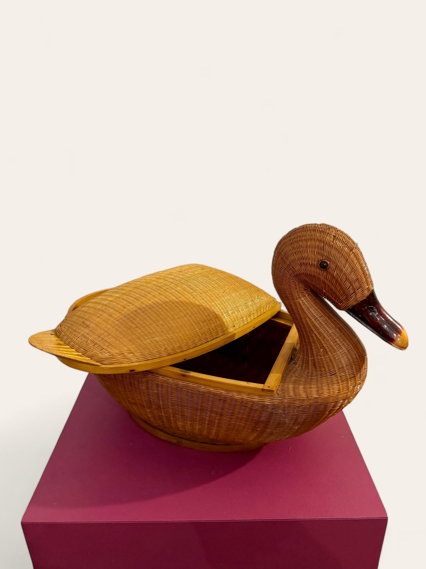 Vintage Bamboo and Wicker Duck with Lid Believed to be from People's Republic of China