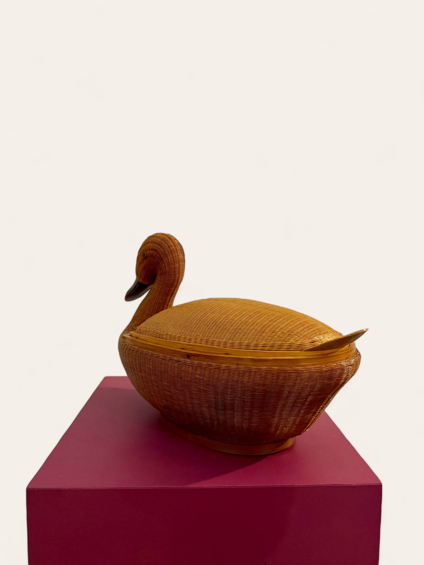 Vintage Bamboo and Wicker Duck with Lid Believed to be from People's Republic of China