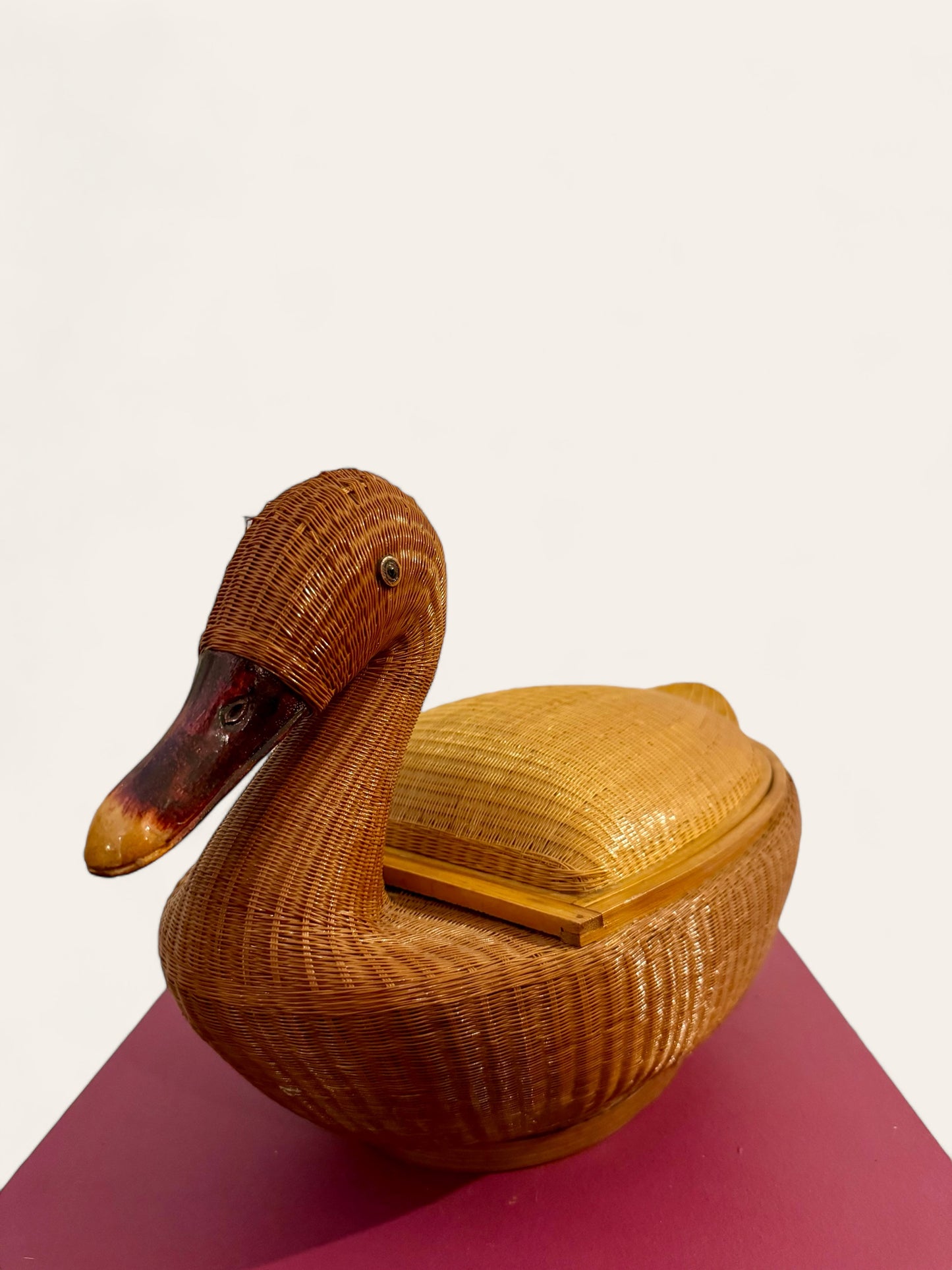 Vintage Bamboo and Wicker Duck with Lid Believed to be from People's Republic of China