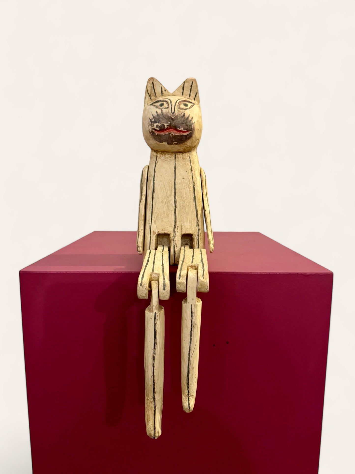 Vintage Handmade and Hand Painted Offwhite Folk Art Cat with Articulated Arms and Legs