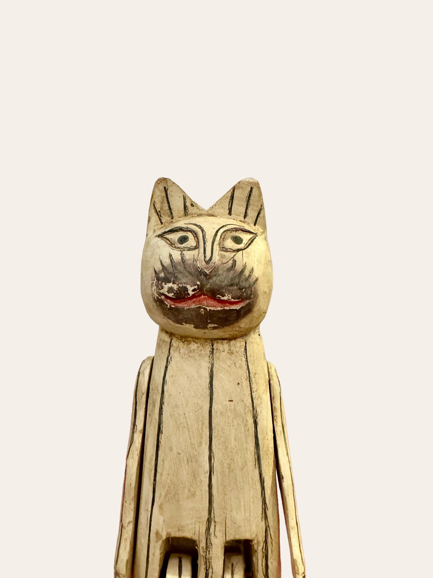 Vintage Handmade and Hand Painted Offwhite Folk Art Cat with Articulated Arms and Legs