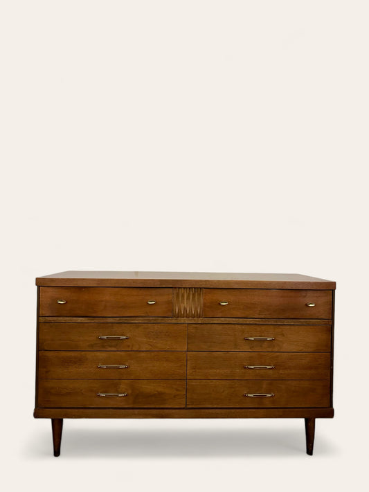 Vintage MCM Bassett Furniture 6 Drawer Lowboy Dresser with Mirror