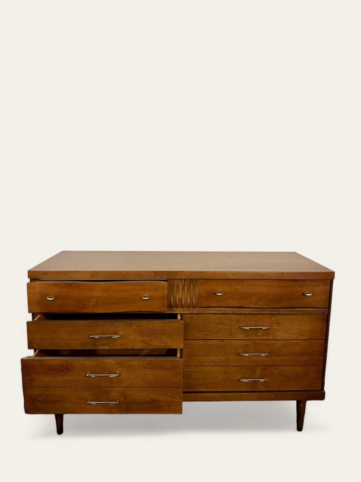 Vintage MCM Bassett Furniture 6 Drawer Lowboy Dresser with Mirror
