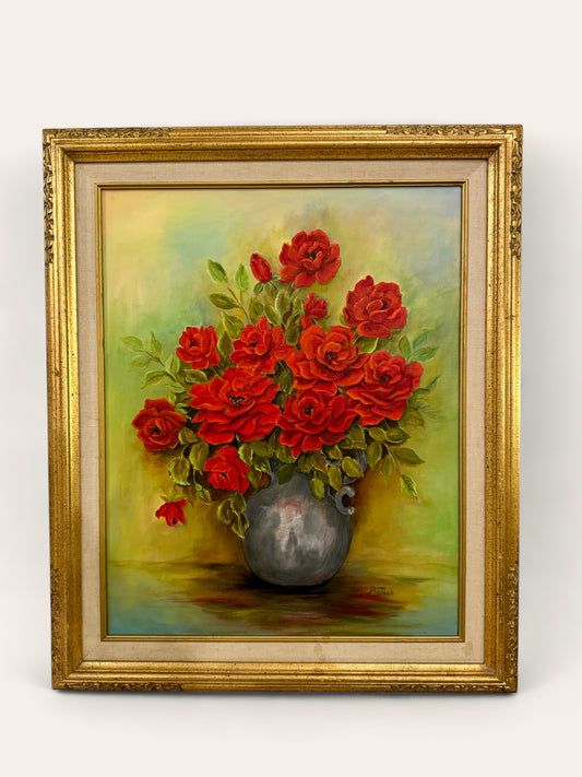 “Red Roses” by Mabel L. Pietsch - Vintage Original Oil Painting