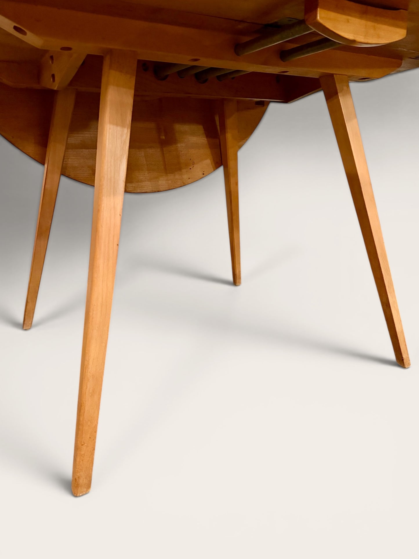 Rare Vintage MCM Ercol Blonde Drop Leaf Round Dining Table by Lucian Ercolani in England