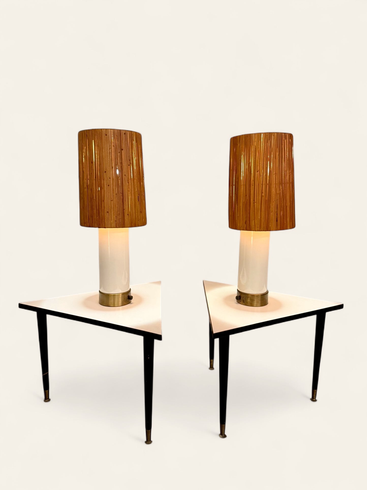 Pair of Vintage MCM Matching Triangular Side Tables with Integrated Lamps and Classic Bamboo Shades