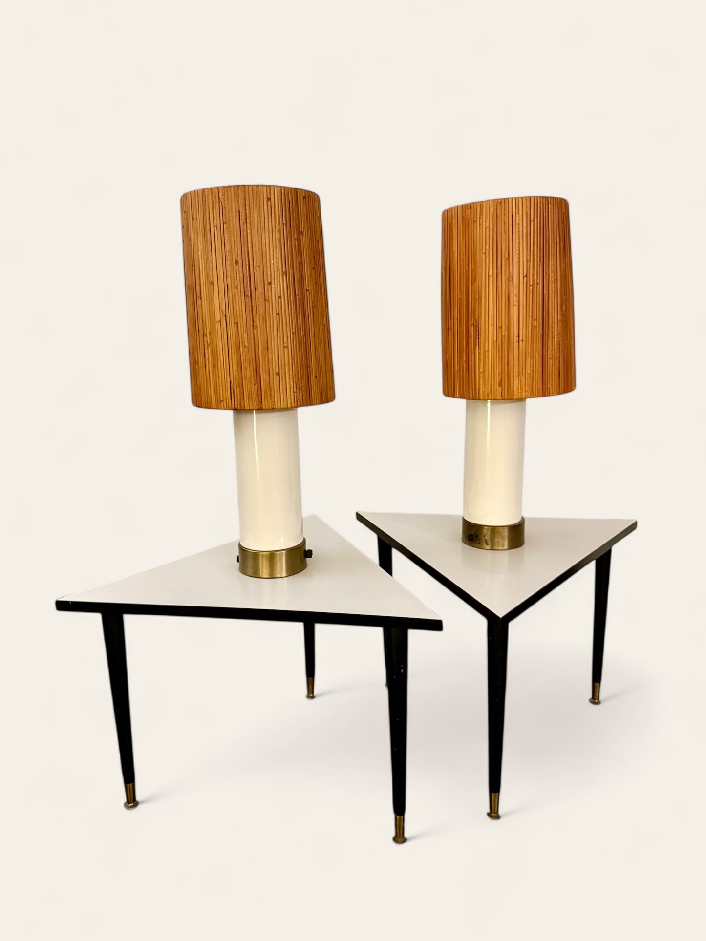 Pair of Vintage MCM Matching Triangular Side Tables with Integrated Lamps and Classic Bamboo Shades