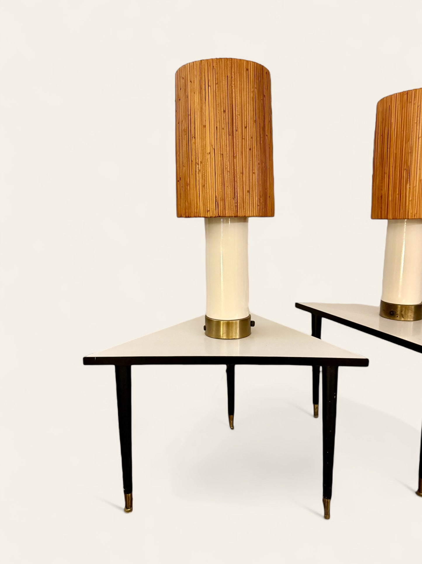 Pair of Vintage MCM Matching Triangular Side Tables with Integrated Lamps and Classic Bamboo Shades
