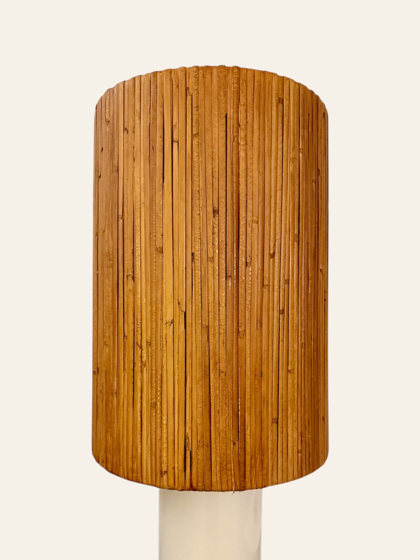 Pair of Vintage MCM Matching Triangular Side Tables with Integrated Lamps and Classic Bamboo Shades