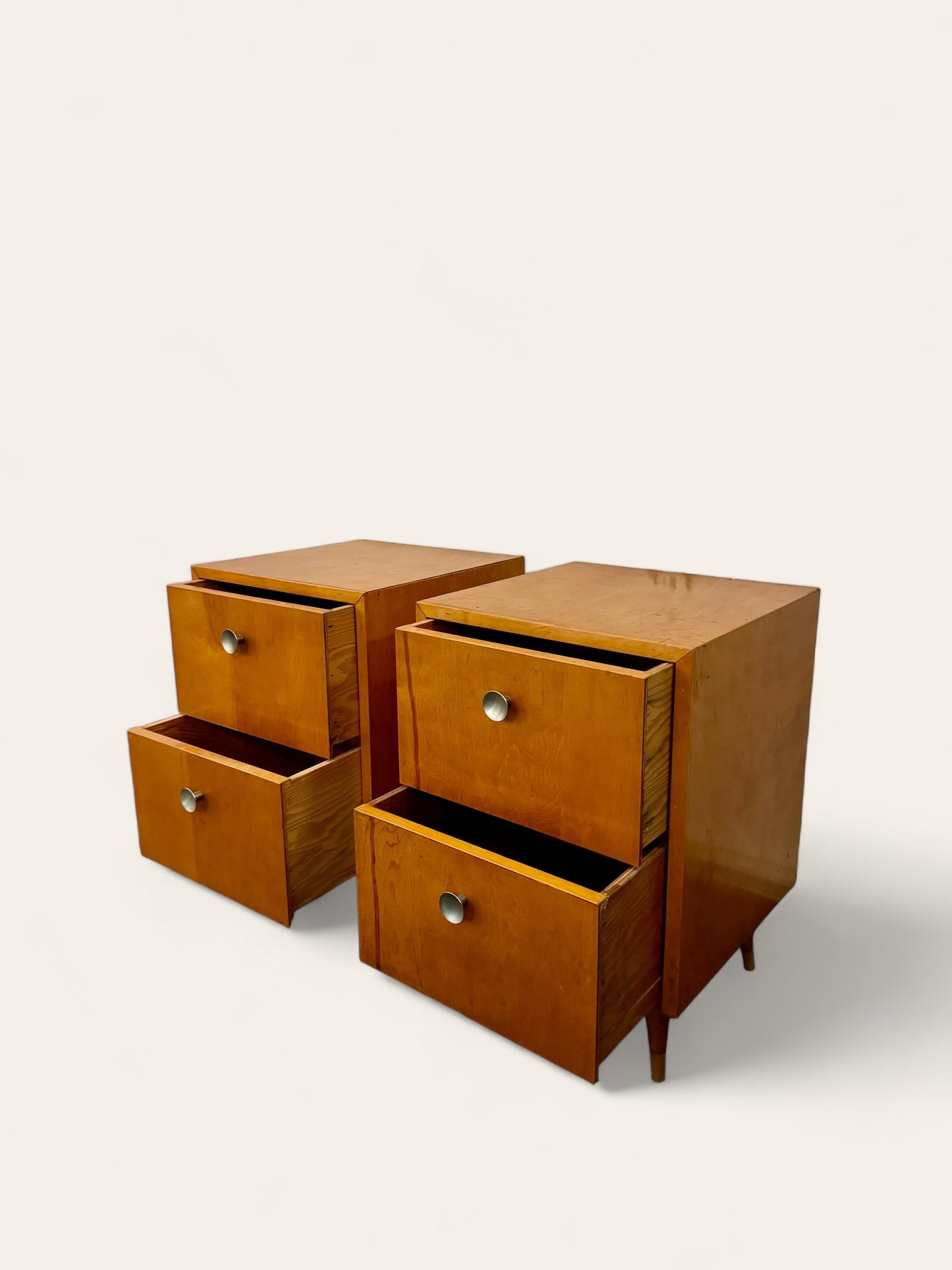 Vintage MCM Matching Nightstands with Two Drawers and Original Pulls