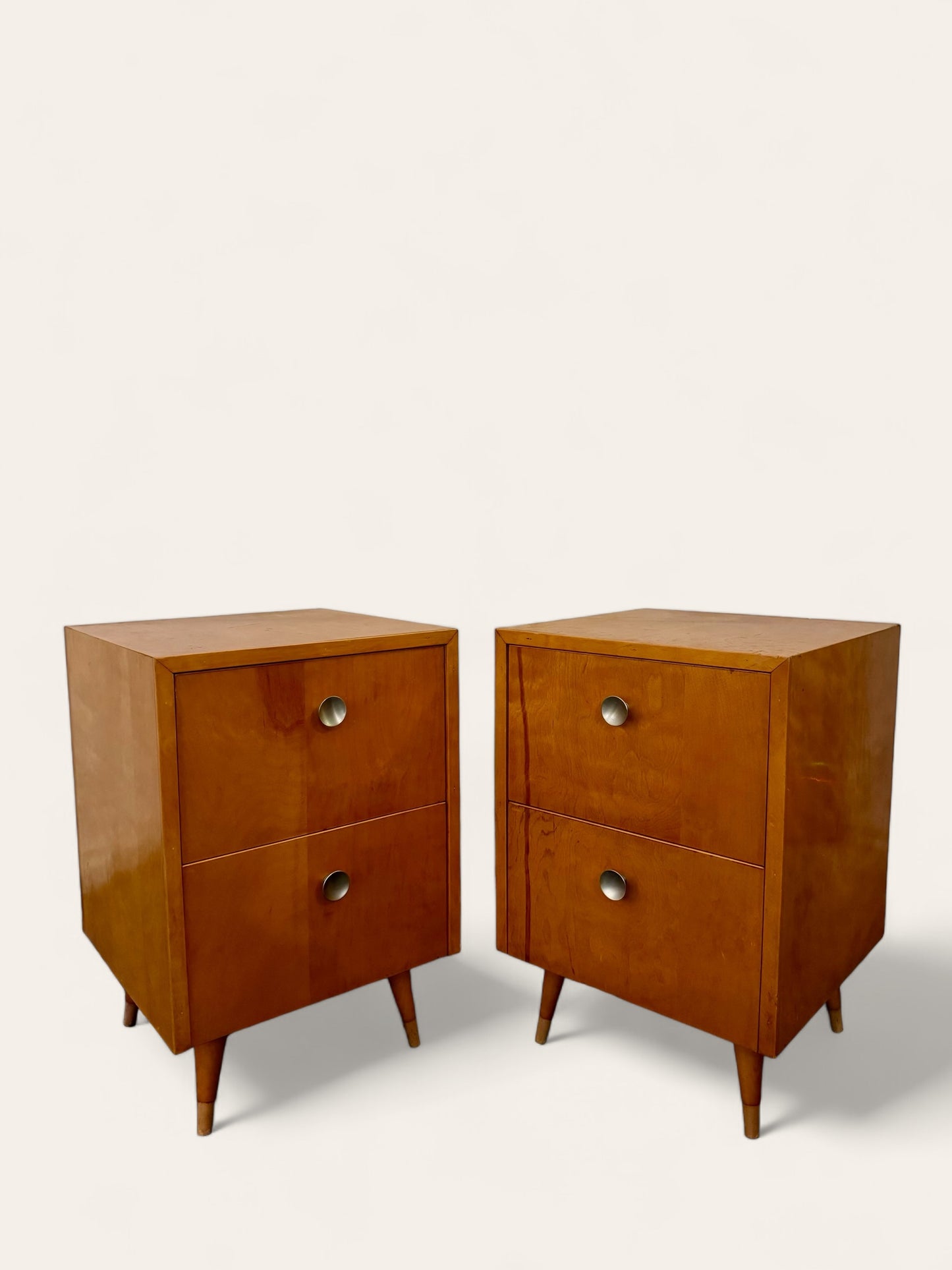 Vintage MCM Matching Nightstands with Two Drawers and Original Pulls