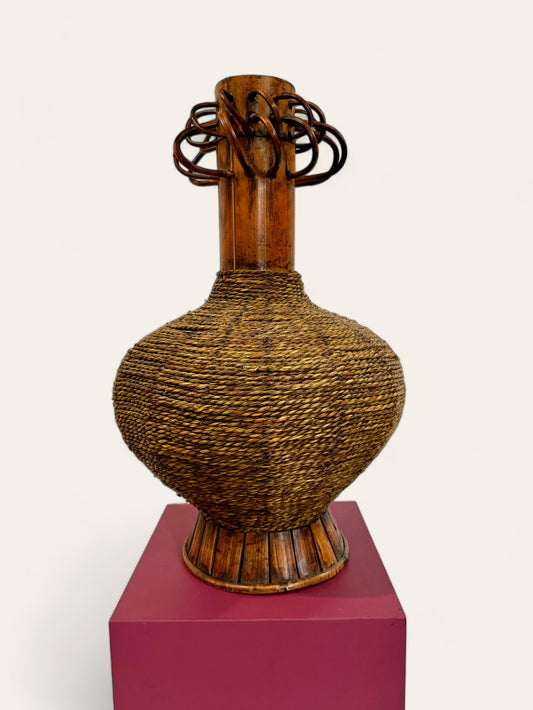 Vintage Boho Bent Wood Rattan Wicker Bamboo Floor Vase