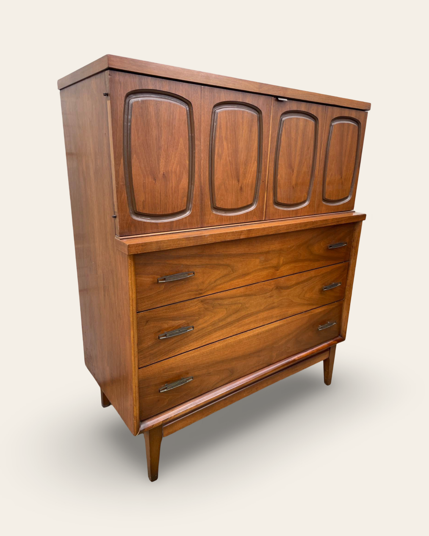 1960s Vintage MCM Walnut Tall Boy Broyhill Premier Emphasis 5 Drawer Dresser