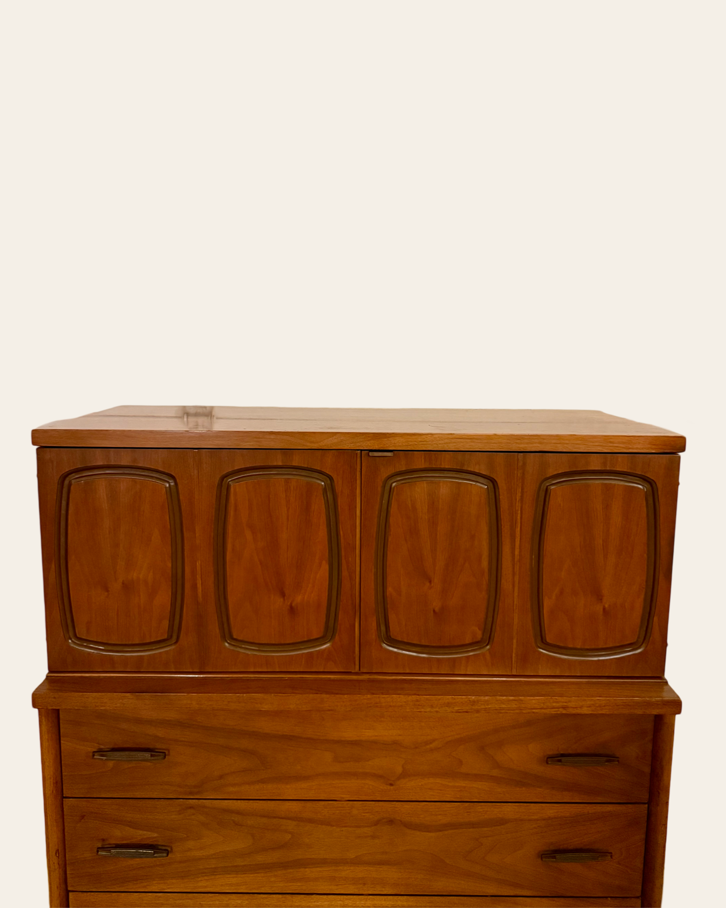 1960s Vintage MCM Walnut Tall Boy Broyhill Premier Emphasis 5 Drawer Dresser