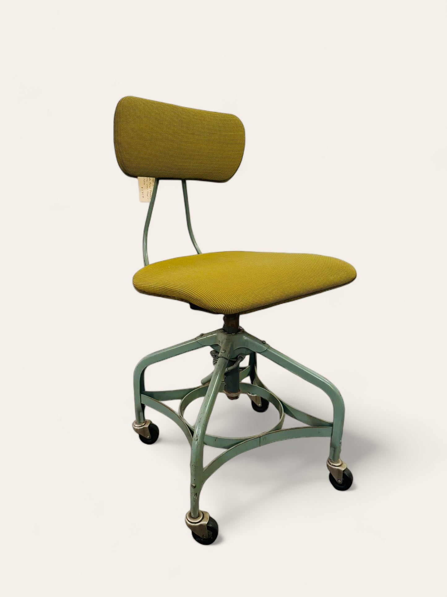 Industrial Vintage Toledo Metal Furniture Company Adjustable Stool Chair with Green Upholstery