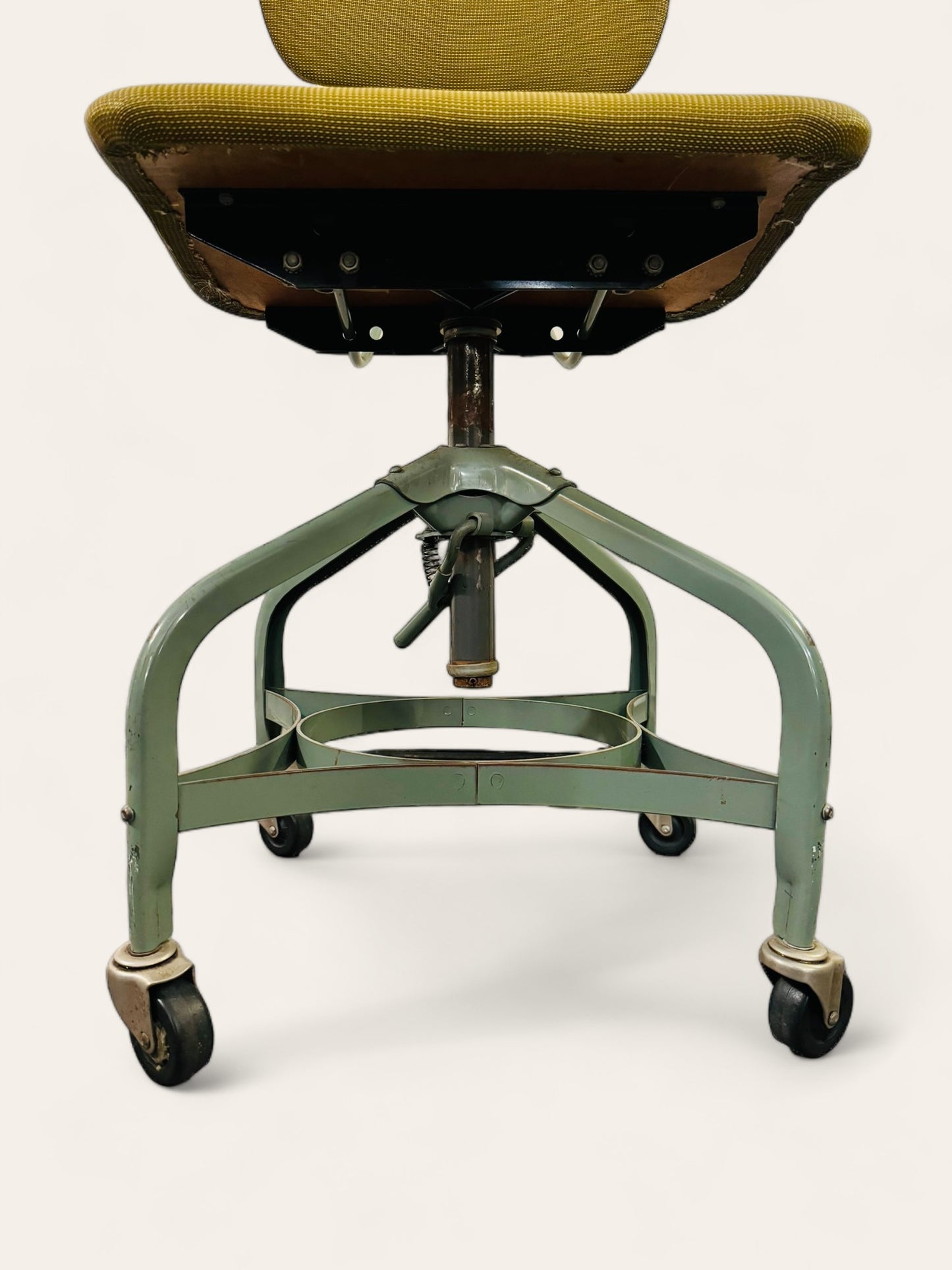 Industrial Vintage Toledo Metal Furniture Company Adjustable Stool Chair with Green Upholstery