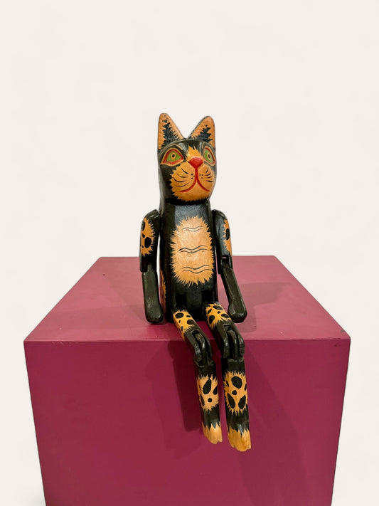 Vintage Handmade and Hand Painted Black Folk Art Cat with Articulated Arms and Legs