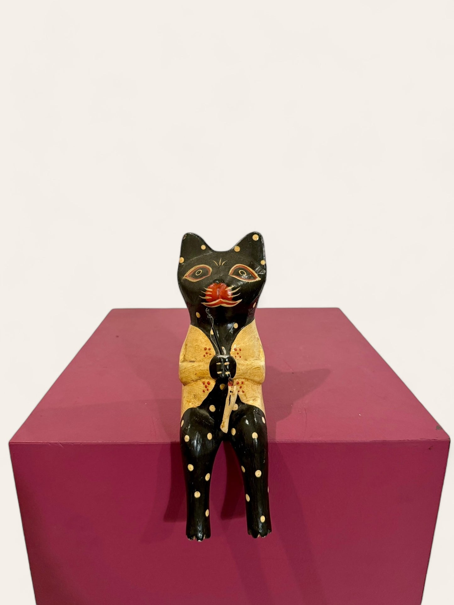 Vintage Handmade and Hand Painted Folk Art Cat Fishing