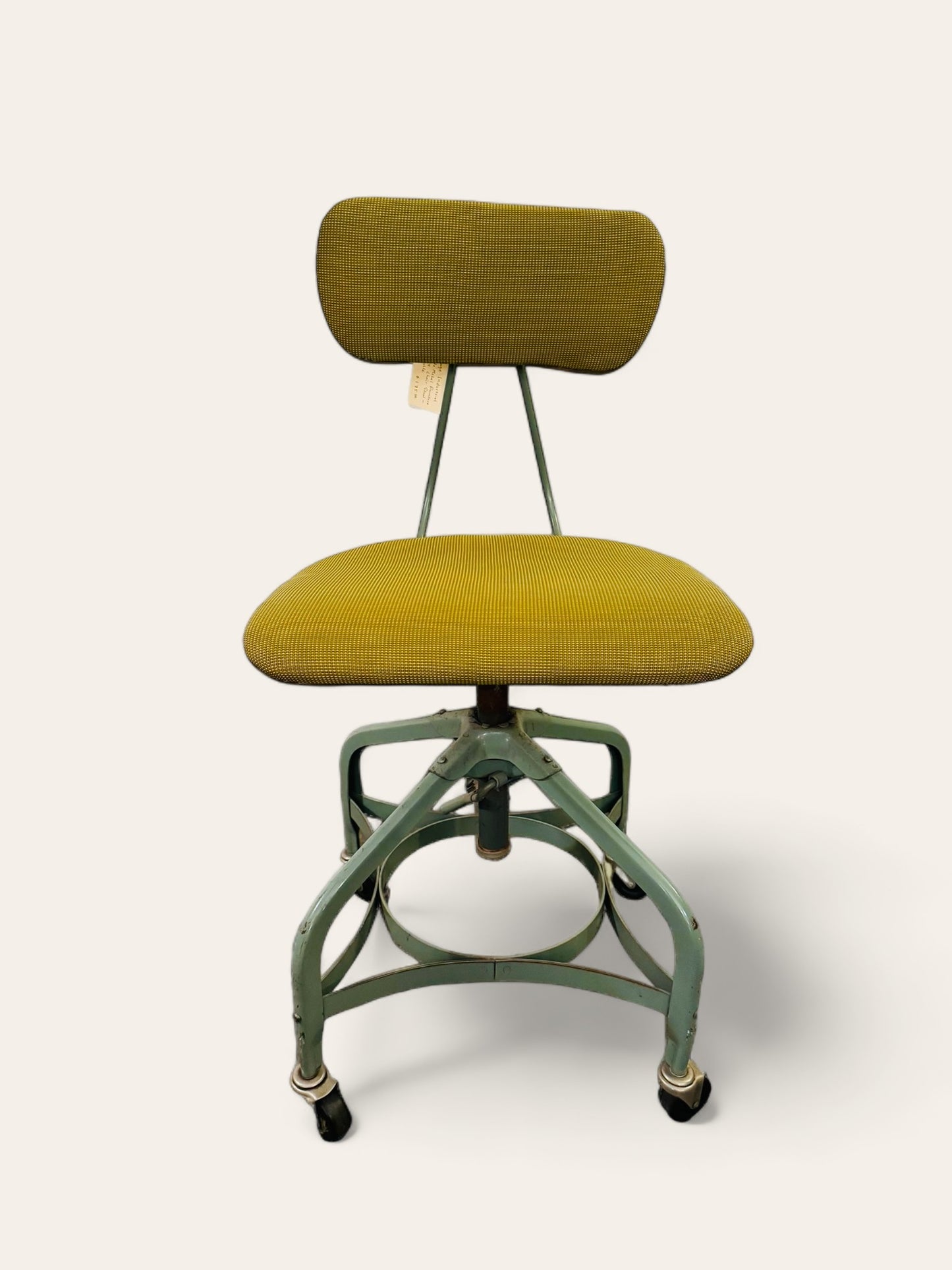 Industrial Vintage Toledo Metal Furniture Company Adjustable Stool Chair with Green Upholstery