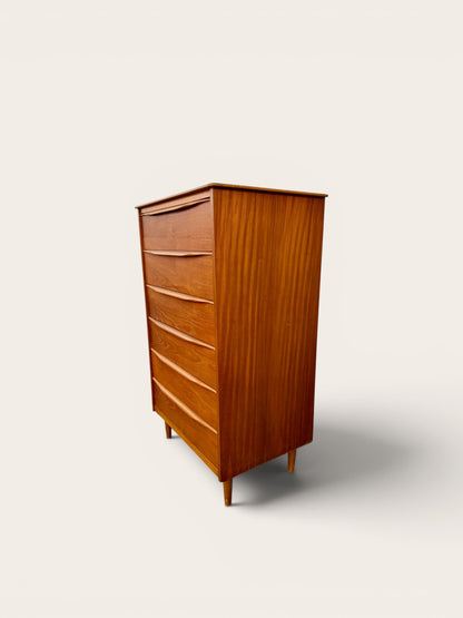 1960s Vintage MCM Teak 6 Drawer Tallboy Dresser Made in England