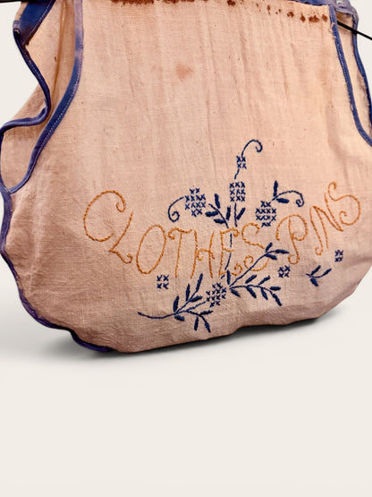 Vintage Embroidered Clothespin Bag with Original Hanger