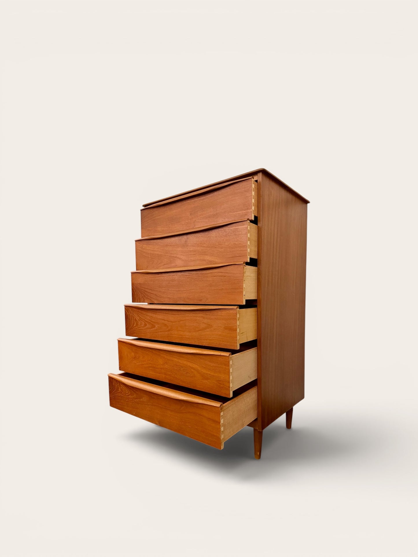 1960s Vintage MCM Teak 6 Drawer Tallboy Dresser Made in England
