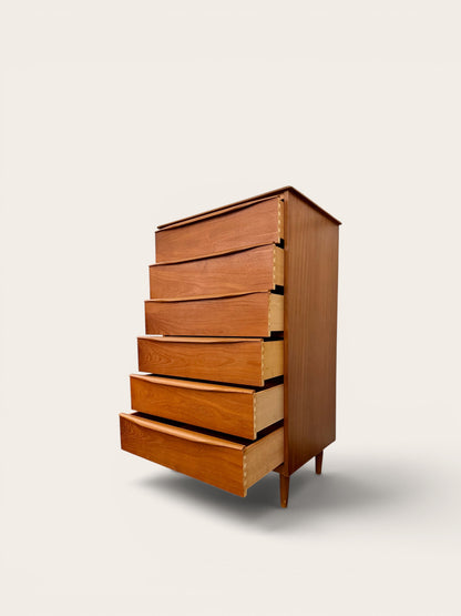 1960s Vintage MCM Teak 6 Drawer Tallboy Dresser Made in England