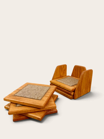 Handcrafted Oak & Stone Coaster Set