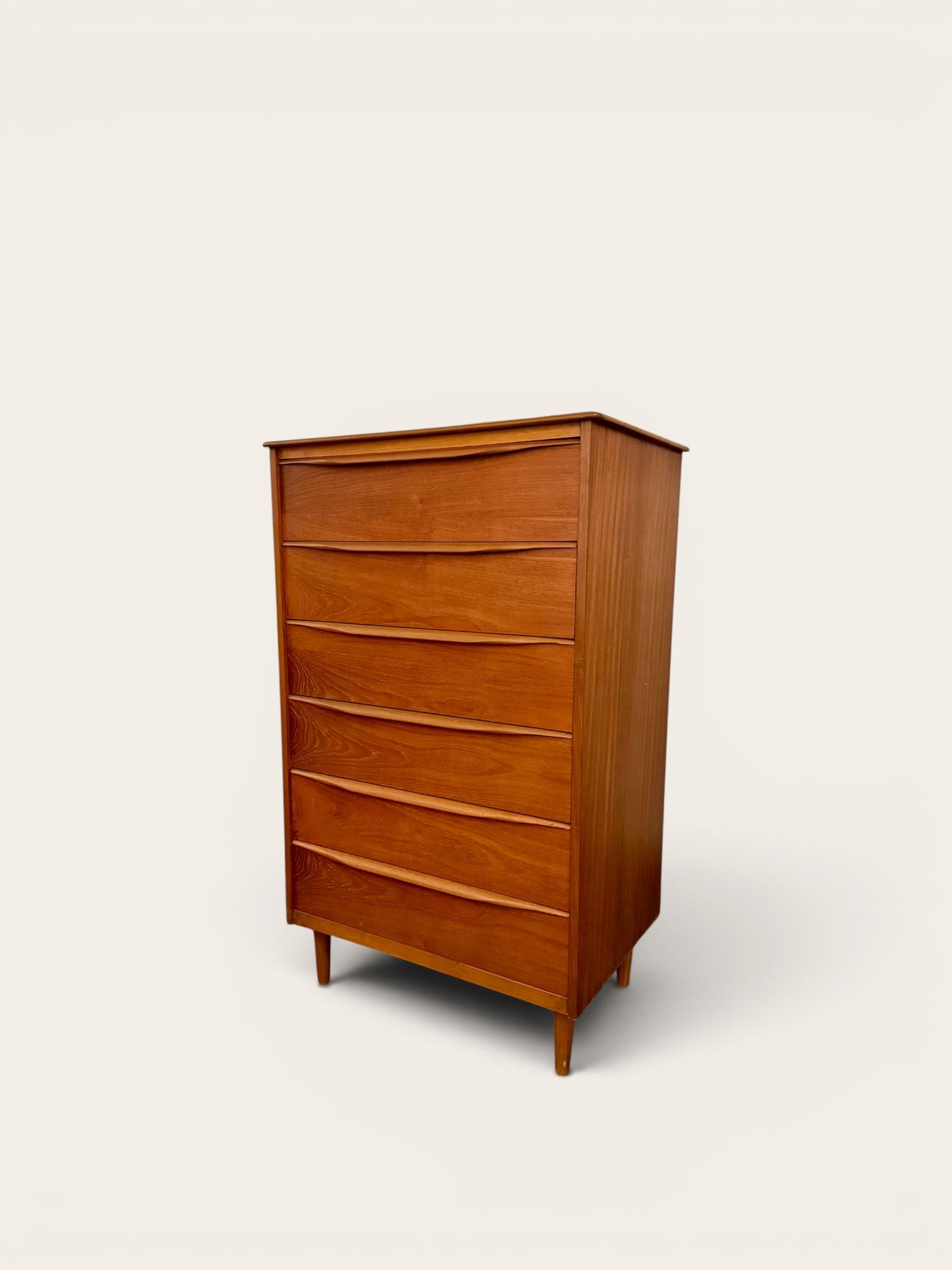 1960s Vintage MCM Teak 6 Drawer Tallboy Dresser Made in England
