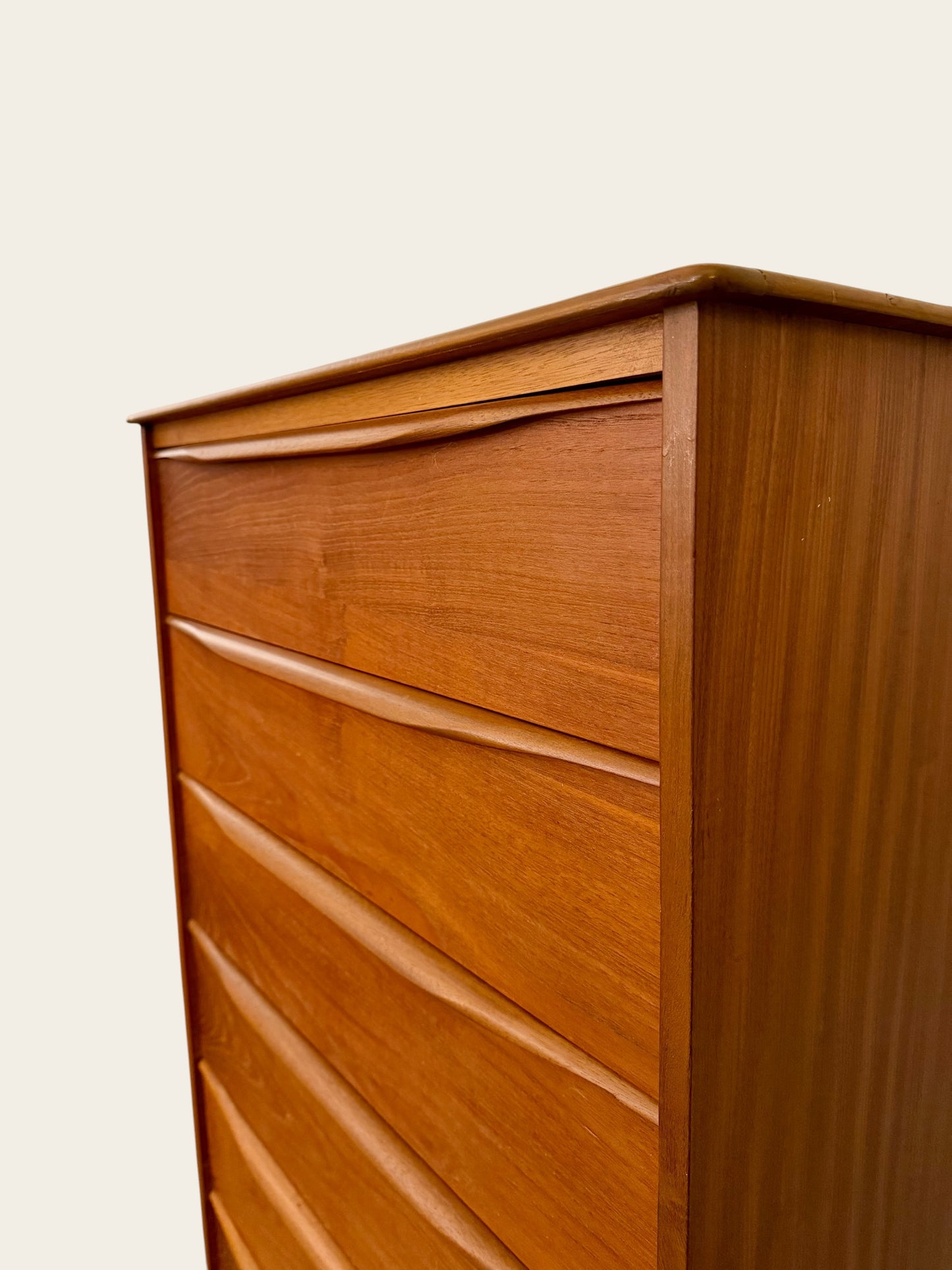 1960s Vintage MCM Teak 6 Drawer Tallboy Dresser Made in England