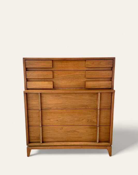 Vintage MCM American of Martinsville 5-drawer Walnut Tallboy Dresser with Brass Accents