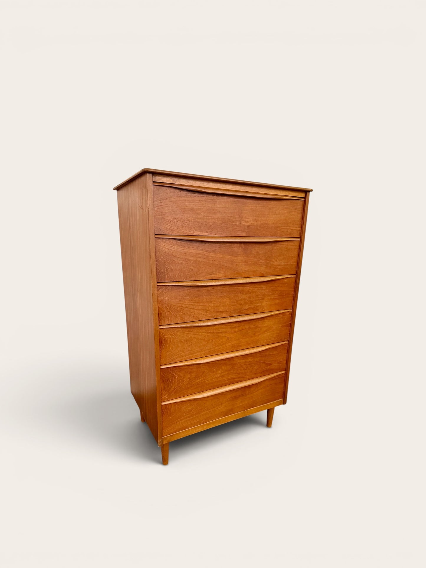 1960s Vintage MCM Teak 6 Drawer Tallboy Dresser Made in England