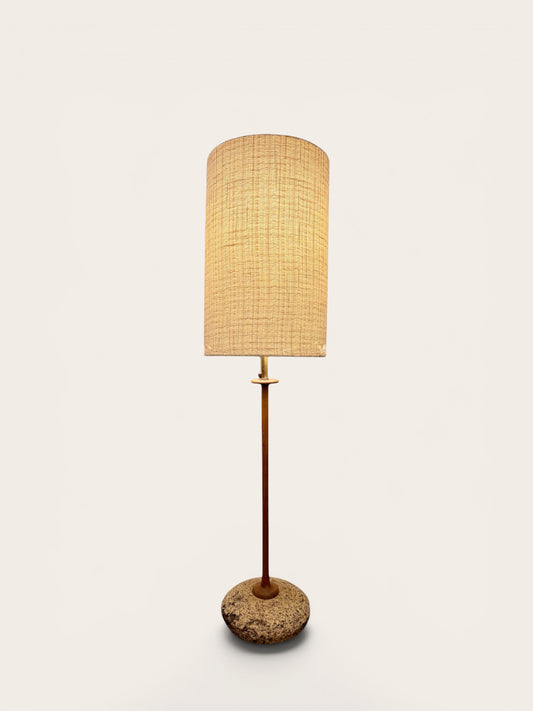 Large Scale Vintage MCM Floor Lamp with Cork Base & Woven Shade