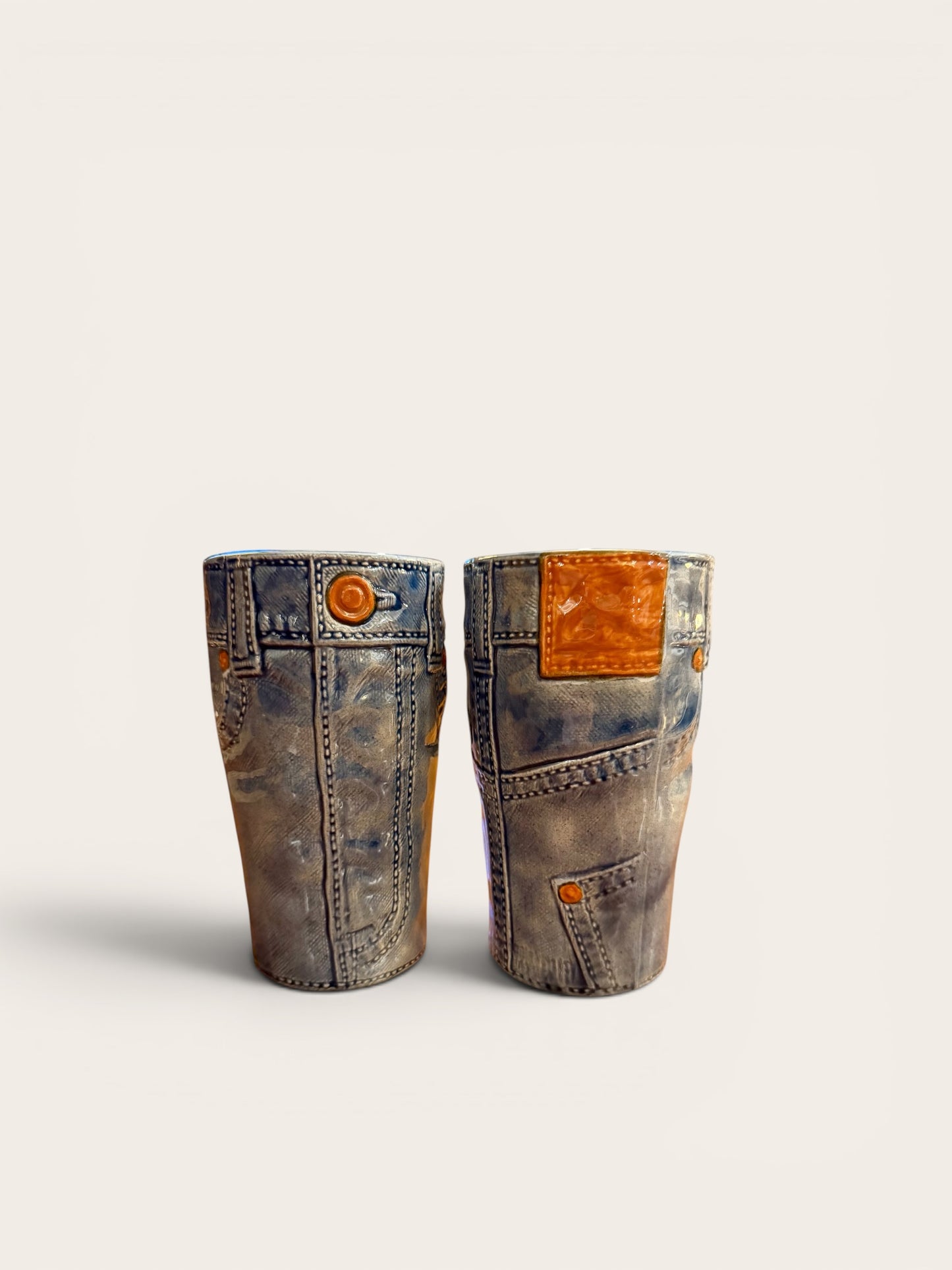 Vintage 1970s Sittre Ceramic Prod. Blue Denim Jeans Pitcher & Tumblers