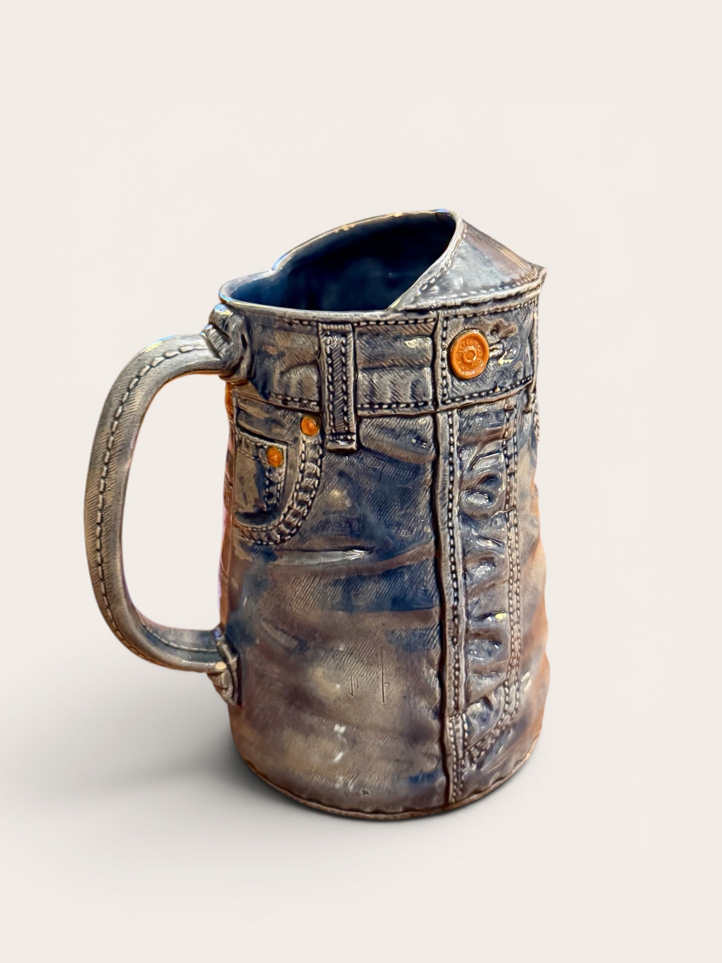 Vintage 1970s Sittre Ceramic Prod. Blue Denim Jeans Pitcher & Tumblers