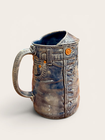 Vintage 1970s Sittre Ceramic Prod. Blue Denim Jeans Pitcher & Tumblers